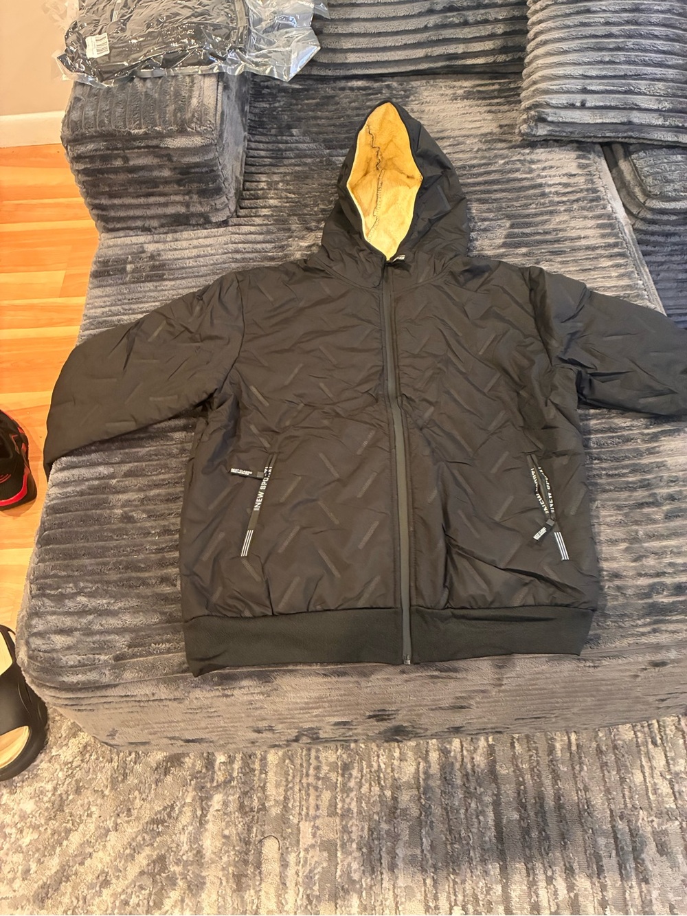 Men's Black Hooded Puffer Jacket with Yellow Lining